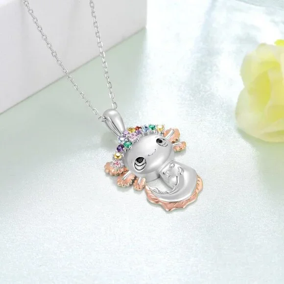 Cute Axolotl Sterling Silver Necklace with Colored Zircons, 20 chain, charming